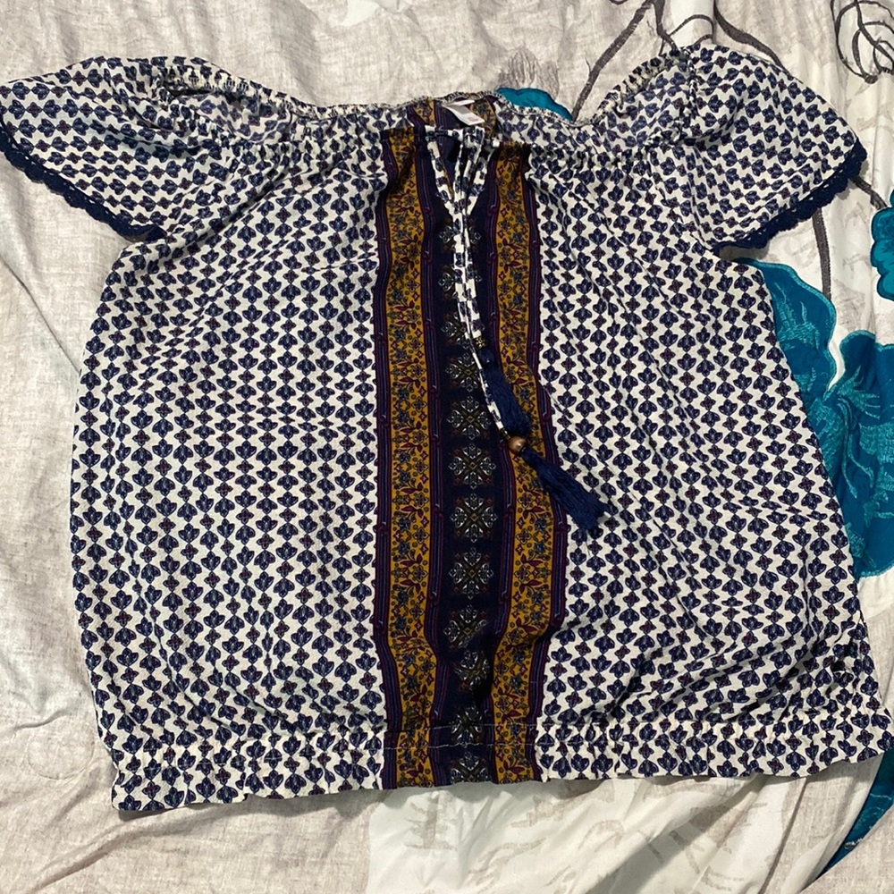 Navy blue, white, mustard yellow, Burgundy top